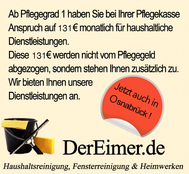 Ab Pflegegrad 1 haben Sie bei Ihrer Pflegekasse Anspruch auf 125€ monatlich für haushaltliche Dienstleistungen. Diese 125€ werden nicht vom Pflegegeld abgezogen, sondern stehen Ihnen zusätzlich zu. Wir bieten Ihnen unsere Dienstleistungen an. Jetzt auch in Ostfriesland!
